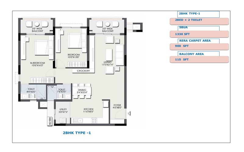 2 BHK 1330 sq ft floor plan